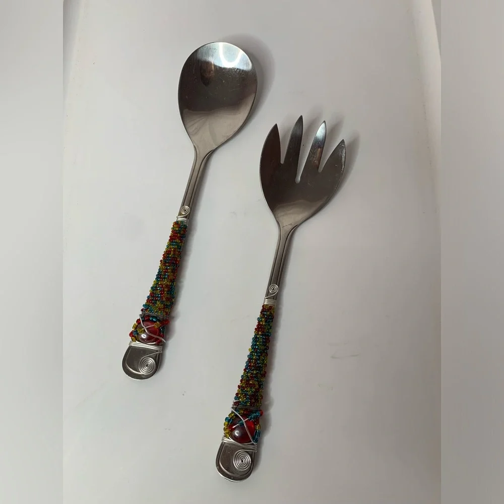 beaded serving fork and spoon, multicolored beads wire accents